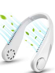 Ventilador manos libres colgante para el cuello, batería de larga duración recargable por USB, diseño compacto portátil disponible en azul, blanco y rosa, accesorio indispensable en verano para gym, hogar, escuela y salidas al exterior - Blanco - Ver 2