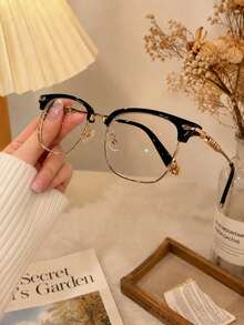 1pc Black Warrior Series Elegant Court Style Glasses, Large Frame Suitable For Small Face Unisex, Lightweight And Comfortable, Computer Phone Screen Eye Protection, Fashion Plain Frame Glasses, Holiday Gift - Half Frame - View 2