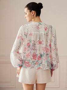 Camisa de manga larga con botones estilo francés premium nueva de veranodiseño de cuello redondo, manga farol holgada, para ir al trabajo en primavera y verano, reuniones casuales - Multicolor - Ver 2