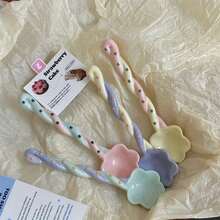 1SET Candy Color Cute Long Handle Ceramic Spoon, Cartoon Dessert Spoon, Hand-Painted Ice Cream Spoon, Asymmetrical Twisted Handle, Colorful Kitchen Utensils, Suitable For Stirring, Serving And Entertaining, Yogurt Spoon - View 7