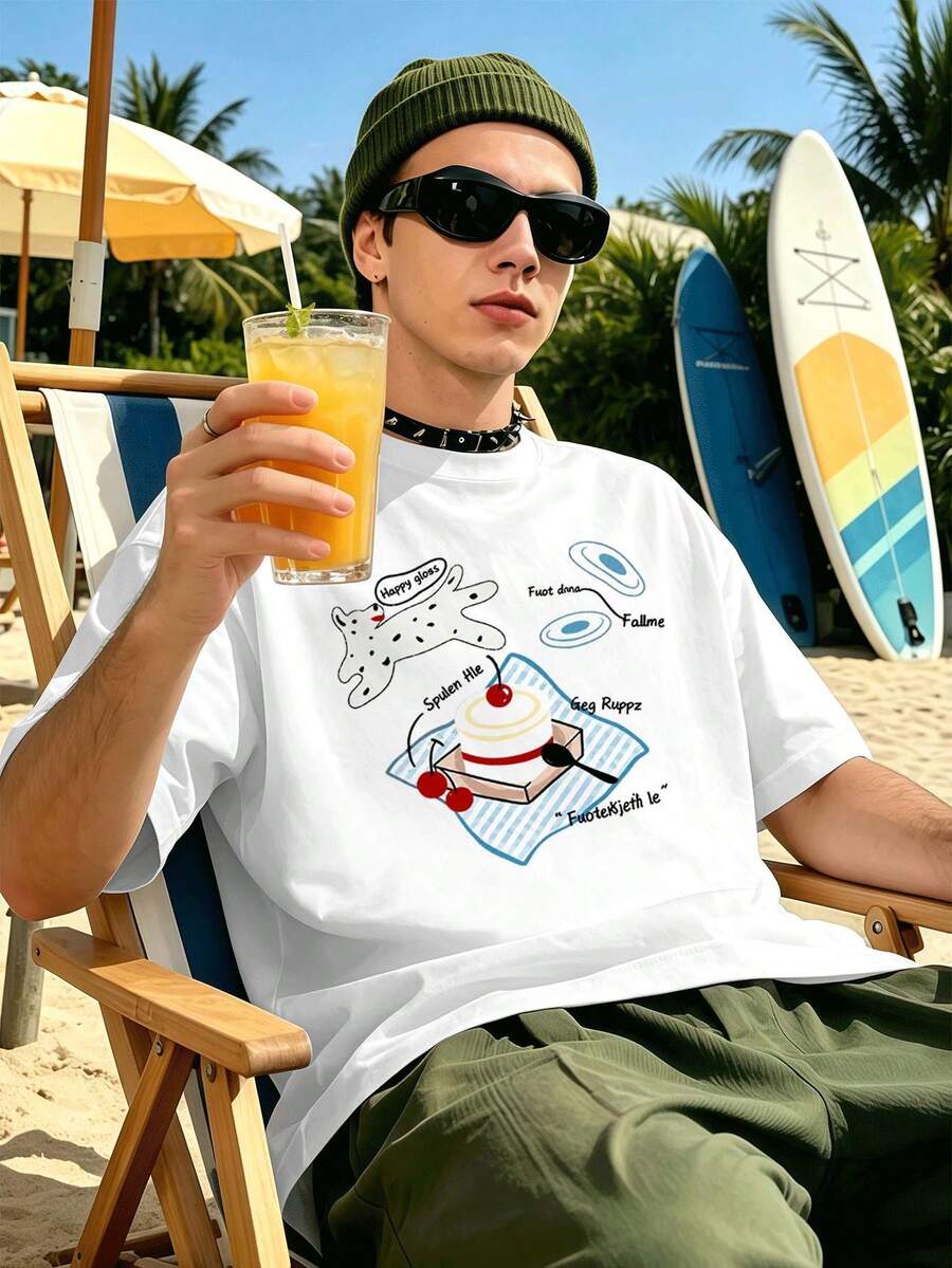Camiseta de hombre casual con estampado gráfico, 100% algodón, ajuste cómodo, casual, diseño gráfico - Blanco - Ver 1