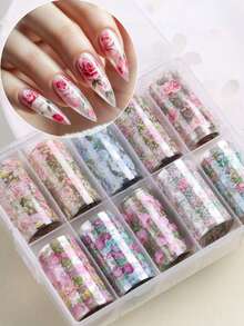 10-Piece Set Of Nail Art Stickers, Holiday Pattern Rose Transfer Stickers, Laser Country Rose Pattern Nail Polish Metallic Foil Stickers, Suitable For Women's DIY Manicure Decorations - Multicolor - View 2