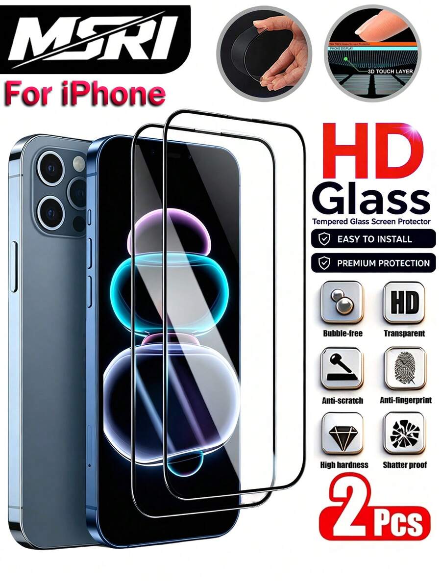 MSRI 2pcs/Pack, Silk-Printed Narrow Black Edge High-Definition Tempered Glass Screen Protector, Full Screen Coverage, High Hardness, Wear-Resistant & Scratch-Resistant, Clear & Transparent, Smooth Screen, Non-Cutting Edges, Easy Installation, Beginner-Friendly, Anti-Fingerprint, Water-Resistant, Compatible With Duo/18Pro Max/18 Pro/18/17 Pro Max/17E/16 Pro/15 Pro/15/14/13/12/11/X And Other Models