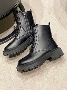 1 Pair Autumn/Winter Fashion Minimalist Casual Motorcycle Style Outdoor Teen Classic Flat Ankle Boots - Black - View 3