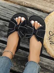 Srendia Dép xỏ ngón nữ mùa hè nơ mới, dép đi trong nhà chống trượt, sandal thời trang đế bệt xỏ chân cho đi biển du lịch - Nơ in họa tiết viền trắng - Xem 6