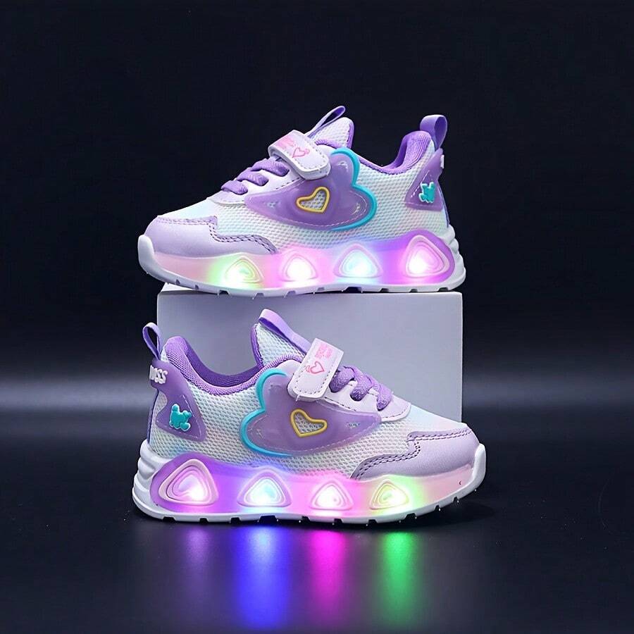 Girls Heart LED Light Up Sneakers, Princess Breathable Mesh Kids Flashing Running Shoes Soft Non-Slip Sole With Hook & Loop - Purple - View 1