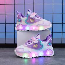 Girls Heart LED Light Up Sneakers, Princess Breathable Mesh Kids Flashing Running Shoes Soft Non-Slip Sole With Hook & Loop - Purple - View 3