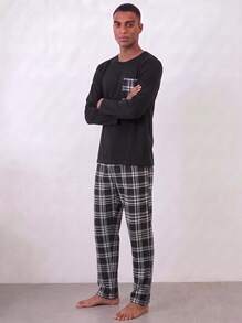 Snug League 男士睡衣套装两件套，长袖衬衫和长裤，格子简约圆领家居服，适合所有季节 - 黑與白 - 查看 7