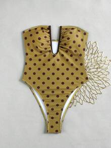 Fashionable Women's Coffee Color Polka Dot Strapless Deep V Hollow Out Bikini Fresh Sexy Beach Vacation One-Piece Swimsuit Set - Multicolor - View 2