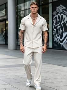 Men's Summer Solid Color Short Sleeve Shirt And Long Pants Casual 2-Piece Set, Turn Collar Button-Up Streetwear Style - Khaki - View 3