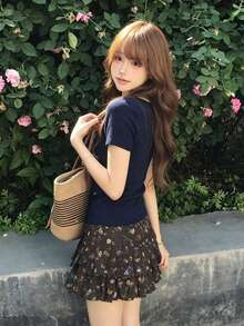 新品修身對比色 2 合 1 甜美短袖 T-shirt 上衣 休閒夏季款 - 藏蓝色 - 查看 3