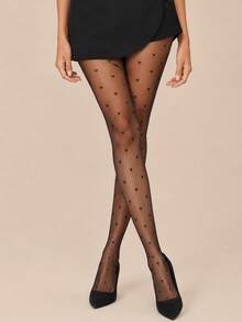 1 par de medias de mujer negras con jacquard de corazones pequeños, medias transparentes con patrón lindo, medias de alta elasticidad para uso diario & noche de cita - Negro - Ver 6