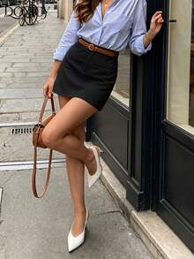 DONICY Women's Black High-Waisted Slim Fit Mini Skirt, Crisp Fabric, Faux Pockets, Fitted Silhouette, Suitable For Spring Commute And Casual Wear - Black - View 7