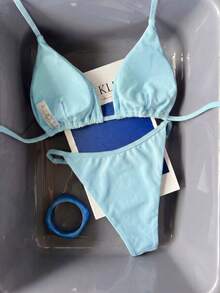 Colorful Striped Sexy Halter Bikini Swimsuit Set, European And American Style - Mint Blue - View 4