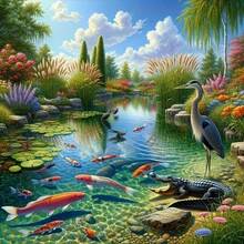 Pintura de Diamante 5D Completa de Jardim Feng Shui com Lago de Carpas, Paisagem Natural de Água com Céu Limpo, Lírio d'Água, Grama, Garça, Crocodilo e Peixes Nadando, Arte de Diamante DIY Feita à Mão, Diamantes Redondos 3D Coloridos com Camadas Delicadas, Decoração de Bottom para Sala de Estar e Sala de Chá com Riqueza & Sorte, Bordado em Pedra, Kit Completo de Ferramentas para Iniciantes, Ornamento Feito à Mão para Decoração Doméstica, Múltiplos Tamanhos - Conjuntos - Visão 1