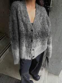 Autumn/Winter Chinese-Style Tie-Dye Hollow Knit Cardigan, Relaxed Fit Drop Shoulder V-Neck Jacket - Grey - View 3