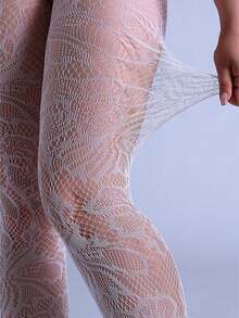 1pair Plus Size Women Fishnet Patterned Tights, Leaf Cutout Leggings, Sexy & Fashionable, Suitable For Party, Home, Office, All-Match, White - Multicolor - View 1