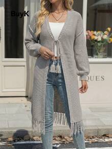 BuyK [Top]Vintage Bohemian Style Knitted Long Cardigan, Loose Drop Shoulder, Front Tie Closure, Reversible, Tassel Hem, Neutral Gray-Brown Fall - Grey - View 3