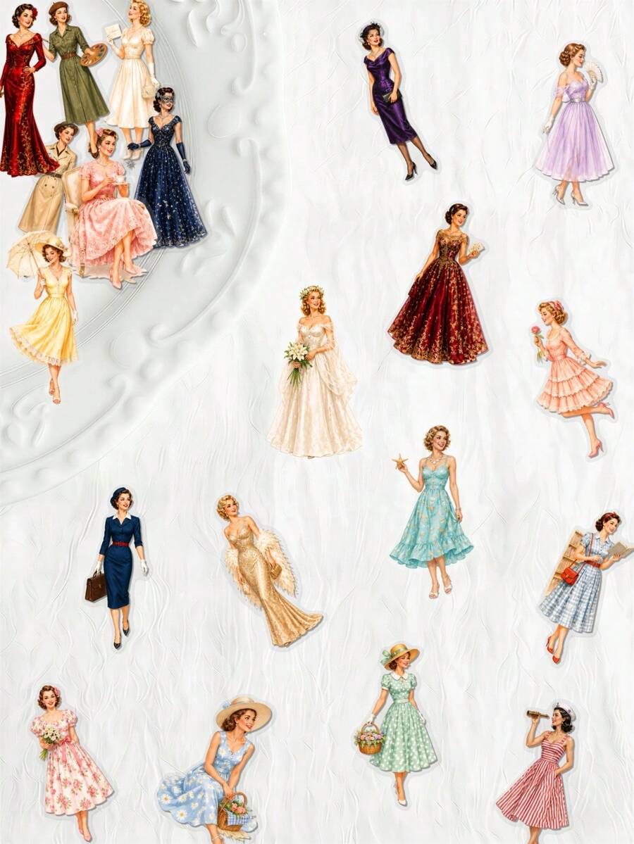 50Pcs Vintage 1950s Lady PET Stickers, Transparent Retro Mid Century Woman Dress Decals, Soft Vintage Aesthetic, Decor For Journal, Phone Case, Laptop, Scrapbook & Retro Fashion Crafts School Supplies - 6*6*1 - View 1
