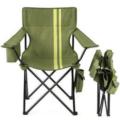 Folding Camping Chair With Built-In Cooler Bag Cup Holder, Heavy Duty 350 Lbs Capacity Portable Outdoor Camp Chair, Green Padded Folding Chair With Side Pocket Camping, Beach, Patio, Picnic, Travel