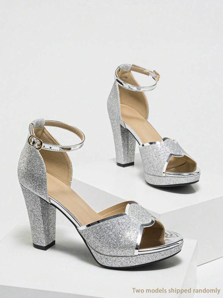 Queenigma Spring/Summer Women's High Heel Sandals, Open Toe Ankle Strap Silver High Heels, Round Toe Thick Bottom Platform Increased Front Sole, Comfortable & Fashionable Party/Banquet/Holiday Shoes, Elegant - Silver - View 5
