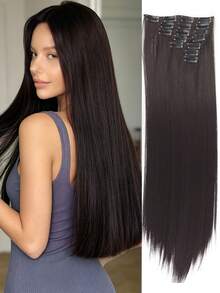 7pcs/Set 18-32 Inch Clip-In Synthetic Hair Extensions, Thick & Natural Black Hair Pieces - Black Brown - View 3