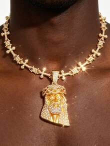 Iced Out Jesus Face Pendant Cross Cuban Chain Necklace, Gold Silver Two Tone Hip Hop Rhinestone Religious Jewelry For Men - Jesus Head Cross Hip Hop Necklace - View 7