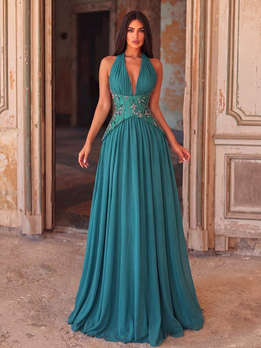 Romantic Women's Chiffon Sleeveless Halter Neck Maxi Dress, Decorated With Embellished Bodice And Flared Hem, Suitable For Photography, Dinner, Portrait, Events - Green - View 1