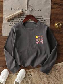 Young Girl-Printed Long Sleeve, Soft And Comfortable Fabric, Suitable For Girls' Outdoor Sports, Daily Wear, Street Style, Campus Wear, Fashion Casual Versatile Top For Spring And Summer - Dark Grey - View 5