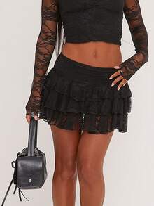 Women's Tiered Lace Mini Skirt Low Waist Sheer Ruffle Hem Y2K Coquette Daily Club Sleepwear Fashion Skirts Spring Summer Fall - Black - View 2