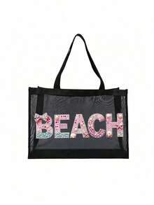Bolsa de playa de malla con patrón de letras de strass, bolsa de maquillaje transparente portátil estilo hawaiano, bolsa de almacenamiento de lápiz labial, polvo, cuidado de la piel y artículos de tocador, esencial multifuncional para viajes, cruceros y dormitorios, bolsa de playa ligera de verano para mujeres, regalo ideal para bodas, damas de honor, Día de la Madre y cumpleaños para amigos, familia y maestros, bolsa de almacenamiento para joyas, esmalte de uñas y brillo labial en el hogar, baño y dormitorio - Multicolor - Ver 18