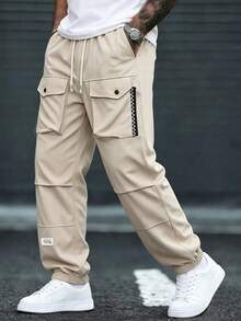 Men's Beige Cargo Jogger Pants, Elastic Drawstring Flap Pockets, Contrast Zigzag Webbing & Label Patch, Loose Street Casual Everyday Long Pants - Khaki - View 1