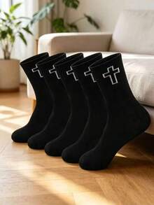 5/10 Pairs Unisex Simple Black & White Cross Mid-Calf Socks, Solid Color Versatile, Minimalist Daily Wear, Suitable For Everyday Use - Black and White - View 6