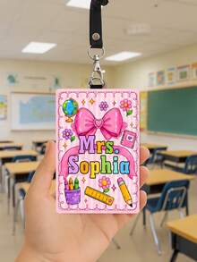 1pc Custom Teacher Name Big Pink Bow Luggage Tag,Striped Badge Holder Lanyard,ID Card Sleeve,Teacher Appreciation Gift,Back To School,First Of School - Multicolor - View 11