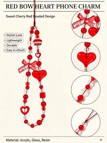 1pc Cute Y2K Red Bow Heart Beaded Phone Wrist Strap Lanyard, Transparent Crystal Bead Phone Charm, Bag & Key Pendant, Gift For Women & Teenage Girls (Hot-Selling, May Use Random Beads Instead) - Red - View 6
