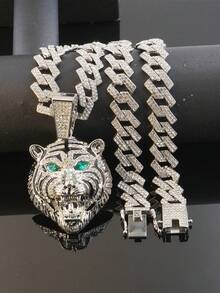 Hip Hop 3D Roaring Tiger Pendant Necklace, Emerald Eyes, Shiny Full Diamond Thick Cuban Chain, Men's Personalized Streetwear Accessory - Green-eyed Tiger Pendant Necklace - View 12