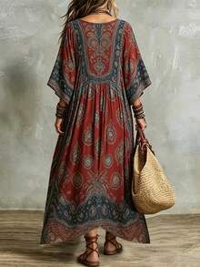 Autumn And Winter New Product Retro Bohemian Print V-Neck Loose Full-Length Dress Elegant - Red - View 2