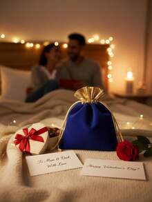 3pcs Black Red Burgundy Blue Valentine's Day Wedding Party Favor Plush Drawstring Gift Bags, Single-Sided Plush Gold Trim, Plush Packaging Bags With Straw And Earphone, Small Commercial Supplies - Multicolor - View 5