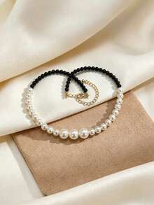 Schi Glass Pearl Fashion Black & White Dual-Color Necklace - Black and White - View 1