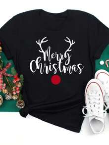 Daily Christmas Antler Red Nose Simple Cursive Holiday Slogan Crew Neck T-Shirts Skin Friendly Soft Fabric Short Sleeve Regular Casual Garment Style - Black - View 1
