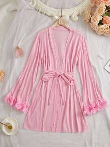 Women's Deep V-Neck Shoulder Strap 3D Floral Sleeveless Nightgown, Comfortable Skin-Friendly, Sweet Romantic, Suitable For Home Use - Pink - View 1