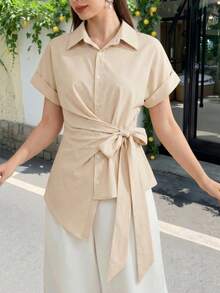Rikumo 1pc Solid Color Woven Asymmetric/Asymmetrical Shirt, Office & Casual Wear, Summer - Apricot - View 1