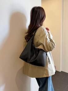 Hevel 極簡風女款單肩包手提包，高品質腋下包，半月形包，適合辦公、通勤、購物，女款包袋 - 黑色 - 查看 4