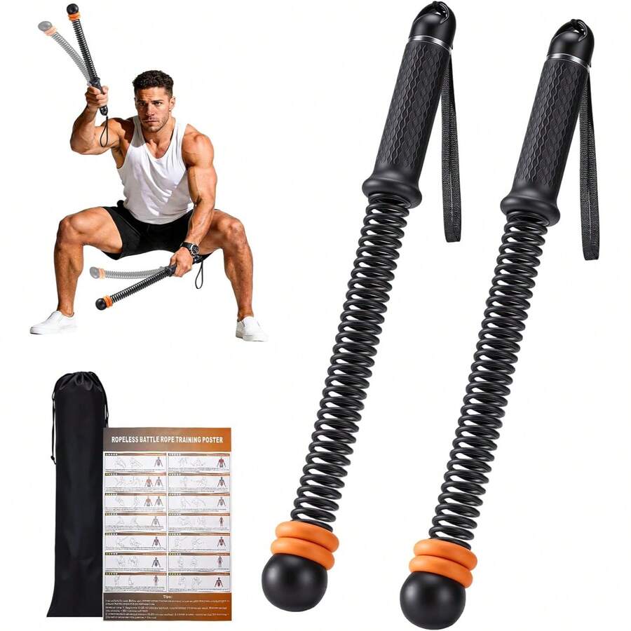 2pcs Adjustable Cordless Battle Rope, Weighted Spring-Loaded Cordless Battle Rope Trainer With Sliding Weight Ring, Non-Slip Handle, Soft Ball Head Wrist Strap, Indoor Home Gym Workout Equipment For Arm, Core, Back And Upper Body Training Fitness Exercise Rope - Various Styles - View 1