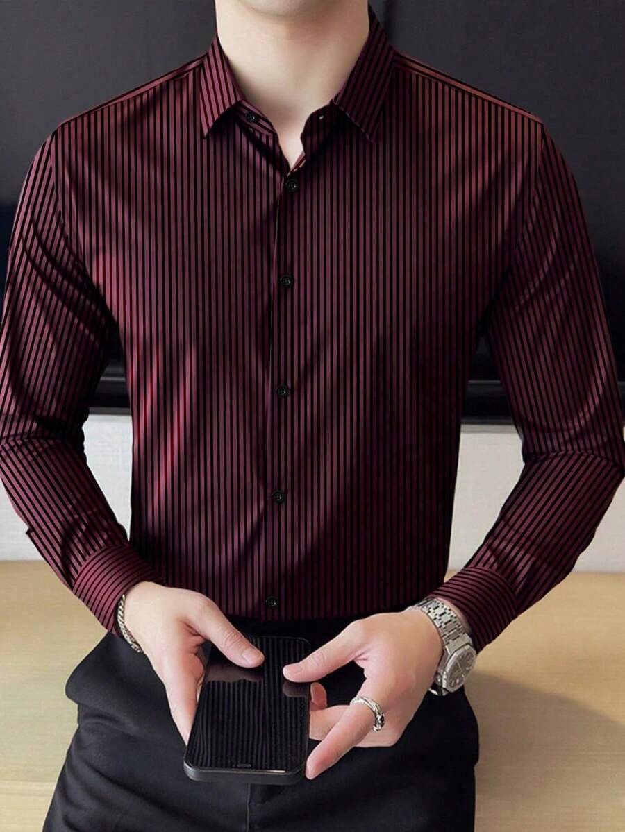 Camisa de manga larga con estampado de rayas, de estilo casual elegante para hombre, otoño - Beis - Ver 1