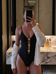 Women's Elegant Backless Criss-Cross Hollow Out Textured Solid Color One-Piece Swimsuit, Suitable For Beach, Resort, Vacation, Spring/Summer/Autumn Black - Black - View 3