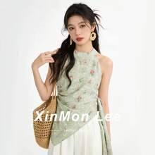 設計師小眾獨特掛脖無袖上衣，小碎花與荷葉邊飾，適合夏季晚間約會、度假與日常穿著的背心上衣 - 綠色 - 查看 2