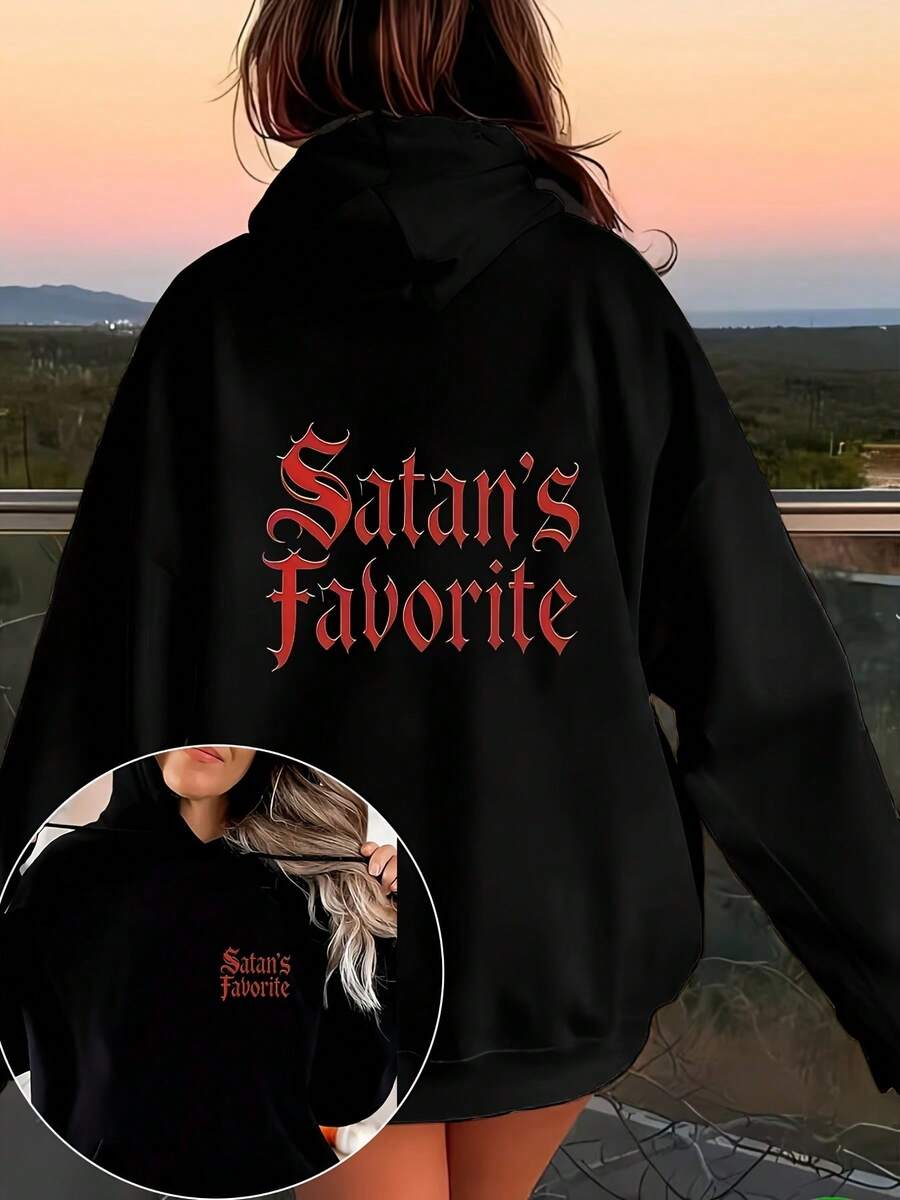 Damen-Hoodie mit dunklem Textdruck "Satan's Favorite" - Schwarzes Gothic-Style Langarm-Sweatshirt, Alltagsoutfit, maschinenwaschbare Herbst-/Winterjacke, bequem, Winter, Hoodie - Schwarz - Übersicht 1
