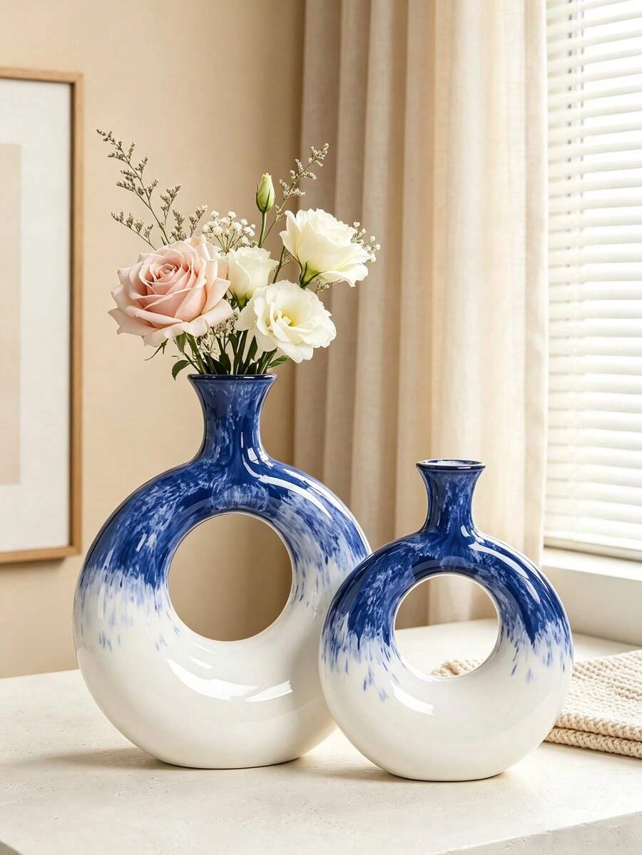 1pc Nordic Style Ceramic Hand-Painted Colorful Round Vase, Decorative Flower Pot, Suitable For Living Room, Hotel, Homestay, Home Decor, Home Ornament, Vase, Centerpiece, Dining Table Decoration Gift, Birthday, Graduation, Back To School, Room Decor - Multicolor - View 1