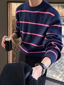 Men's Colorblock Striped Crew Neck Knit Sweater, Casual Retro Long Sleeve Pullover - Navy Blue - View 4